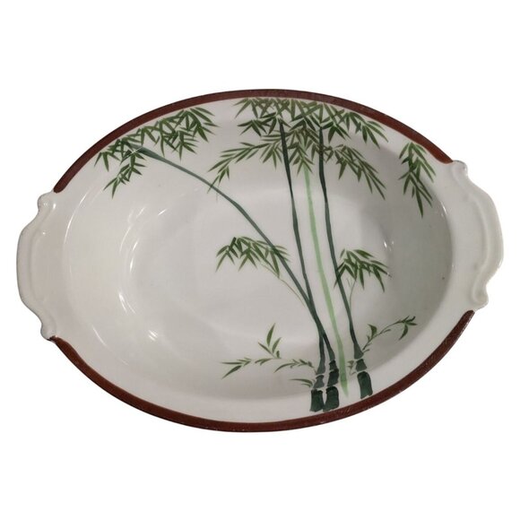 Vintage Japanese Hand-Painted Bamboo Design Oval Bowl two Handles 11 inch Length